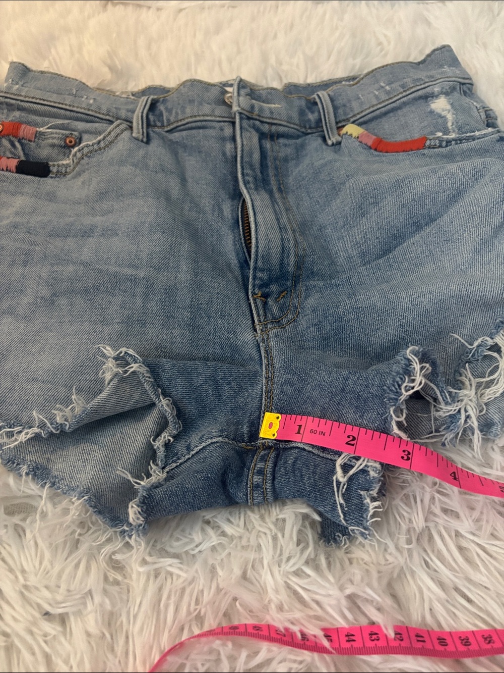 MOTHER Light Blue Denim Cutoff Shorts with Colorful Pocket Embroidery - Picture 12 of 13